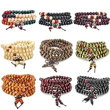 K&Q 9 Pcs Mens Womens Wood Chain Bracelets, Handmade Multilayer 8MM 108 Buddhist Strand Wood Mala Beaded Elastic Bracelet Necklace-Meditation Prayer Beads for Yoga, Spiritual Protection & Good Luck