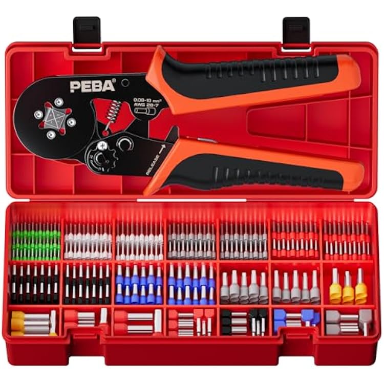 PEBA Ferrule Crimping Tool Kit, 21 Sizes Tinned Copper Wire Ferrules, Square Ratcheting Crimper AWG 287, Self-Adjusting Electrical Crimp Tool with Double-Layer Storage Case for Professional Wiring