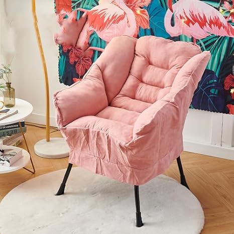 Living Room Lazy Chair with Ottoman & Armrest, Modern Comfy Folding Lounge Chair Reclining Sofa Leisure Chair Armchair with Footstool for Bedroom/Office/Hosting Pink-A1