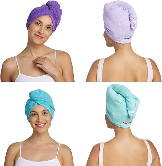 Turbie Twist Microfiber Hair Towel Wrap - for Women, Men & Kids - Travel & Bathroom Essential - Quick Dry Hair Turban for Curly, Long & Thick Hair - (Dark Purple, Light Purple,Dark Aqua, Light Aqua)