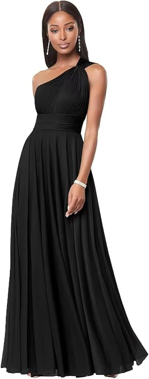 CuteMe Chiffon One Shoulder Bridesmaid Dress for Women Ruched Long Formal Dress with Pockets CC001