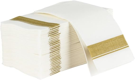 Rectangle Cloth-Like White Napkins with Gold Border, 50 Pack Fancy Paper Napkins, 22" x 22" Disposable Dinner Napkins - Decorative For Parties, Weddings, Dinners, Upscale Parties & Events