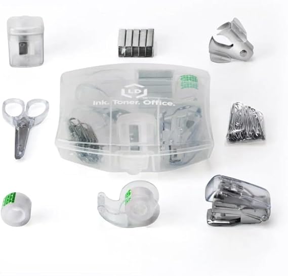 LD Products Clear Mini Office Supply Kit Portable Case with Scissors, Paper Clips, Tape Dispenser, Pencil Sharpener, Stapler & Staple Remover