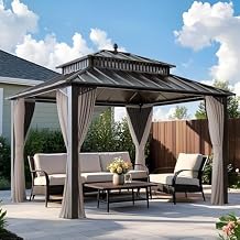 SUNJOY Kingston 12' x 10' Hardtop Gazebo with Galvanized Steel Double Roof, Curtain and Netting, Brown Aluminum Posts Permanent Pavilion Gazebo for Garden, Patio, Deck, Lawn