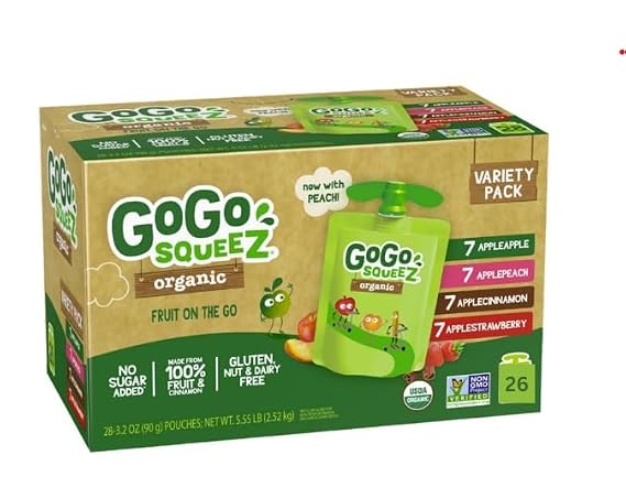 GoG'o Squee'Z Organic Applesauce Pouches, Variety Pack, 3.2oz, 26 Count, Pack of 1