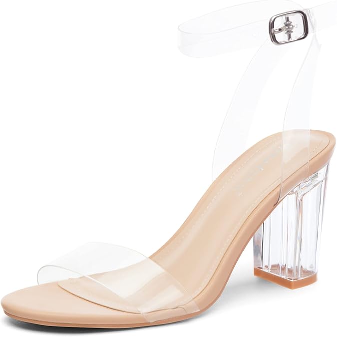 Greatonu Clear Heels Women's Chunky Heeled Sandals, Ankle Strap Block Heels