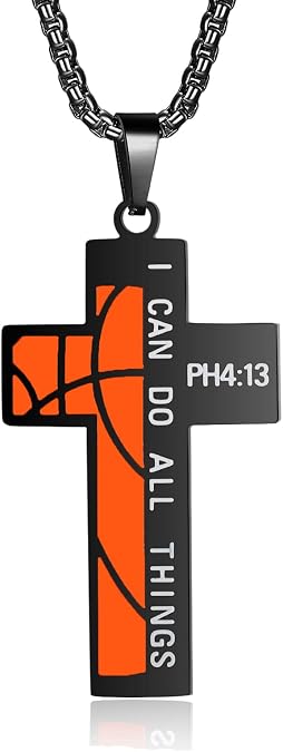 Susook Basketball Cross Necklace for Men Bible Verse I CAN DO All Things Stainless Steel Sport Pendant for Men