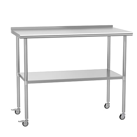 Stainless Steel Prep Table 24" X 48" with Adjustable Undershelf, Backsplash and Wheels, Commercial Metal Workstations for Kitchen, Garage, Outdoor BBQ