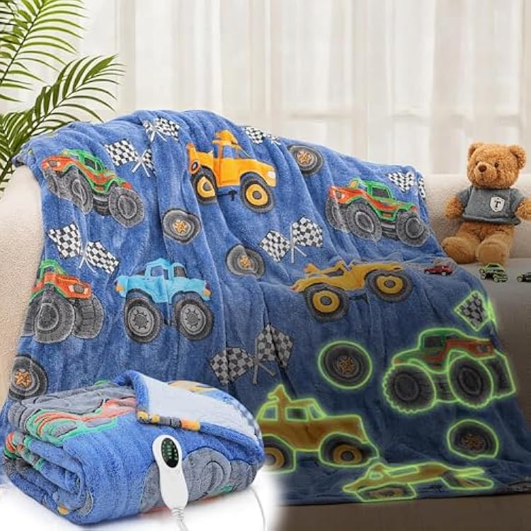 50x60 Truck Kids Heated Blanket Glow in The Dark Boy Upgraded Children Heating Electric Blanket Birthday Valentines Winter Throw with 10 Levels & 8 Hours Auto off Etl Certified Machine Washable