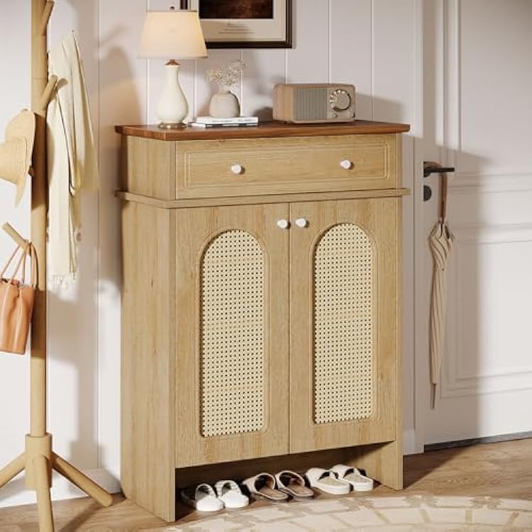 Tribesigns Shoe Cabinet with Doors, 6-Tier Shoe Rack with Drawer and Adjustable Shelves, 43.3 Tall Boho Farmhouse Shoe Storage Cabinet for Entryway, Hallway, Bedroom Natural & Walnut