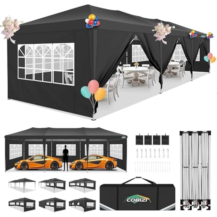 COBIZI 10x30 Pop Up Canopy Tent, 10x30 Outdoor Party Tent with 8 Removable Sidewalls, UPF 50 Waterproof Portable Canopy for Parties, Commercial, Event with Carry Bag and 4 Sandbags Black, 10x30