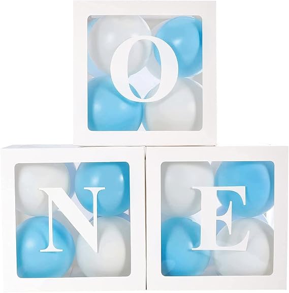 1st Birthday Balloon Box Decoration for Boys 3 Pieces Transparent Balloon Boxes with Letters One First with Blue White Balloons for Baby Shower 1st Birthday Background Decoration