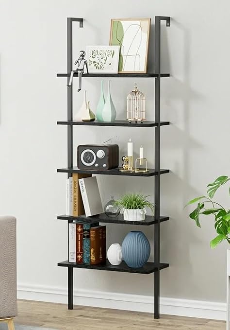 Shahoo Ladder Shelf, 5-Tier Bookshelf with Metal Frame, Open Display Organizer Rack, Wood Wall Mounted, Storage Shelves for Living Room, Hallway, Office, Black