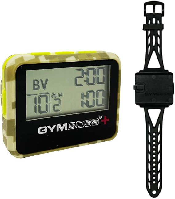 Gymboss Plus Interval Timer and Stopwatch Watch Strap Bundle (Green Camouflage/Yellow Soft Coating)