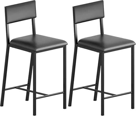 Counter Height Bar Stools Set of 2, 26" Modern Faux Leather Bar Chairs with Back & Sturdy Metal Legs, Armless Kitchen Island Chairs for Kitchen Island, Black (2 Pcs)