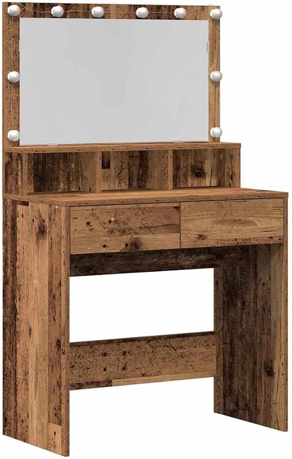 Modern Dressing Table with Drawers and Shelf, Old Wood Finish Dressing Table for Bedroom, Rectangular with Push-Button Switch and LED Mirror Lights