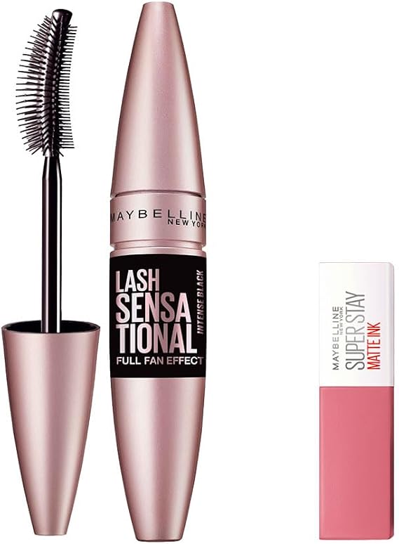 Maybelline New York Lash Sensational Fan Effective Intense Black Mascara - Extra Black 9.5 ml & Mini Super Stay Matte Ink Liquid Matte Lipstick - 15 Lover Makeup Set