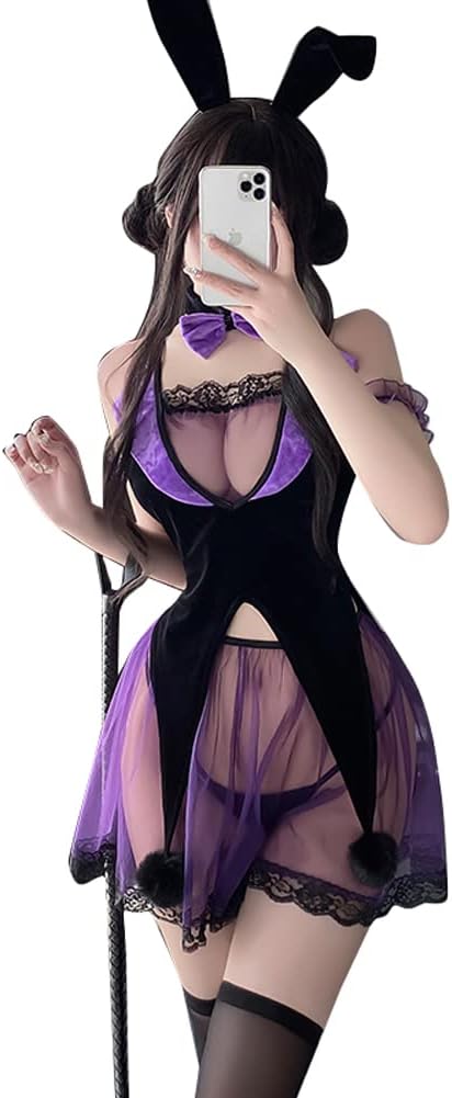 Cosplay Sexy Sexy Bunny Girl Purple Black Lace, See-through, Magic Bunny Cosplay, Magic Girl, Rabbit Ears, Headband, Sheer, Temptation, Women's, Adult Costume, Lingerie, Christmas, Valentine's Day, Anniversary, Halloween, Girlfriend, Lover, One Size Fits Most, Includes Stockings