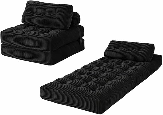Folding Sofa Bed, Convertible Sleeper Chair with Pillow Foldable Mattress with Back Support, Portable Fold Out Chair Bed Comfy Floor Sofa Lounge for Living Room Bedroom, Single (Black)