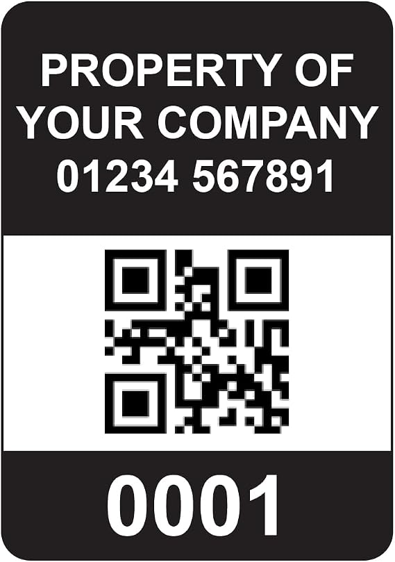 1000 Serialised QR Code Asset Tag Labels Custom Stickers- Black. 40mm x 28mm Permanent Vinyl Labels