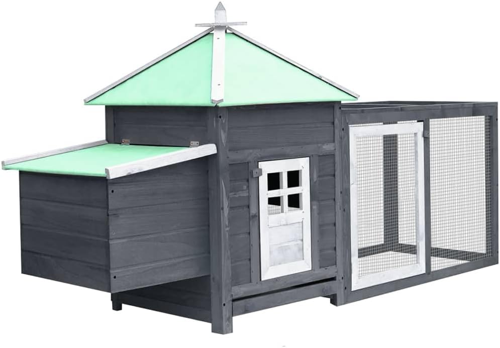 Charming Wooden Chicken Coop for Happy Chickens, Spacious Design with Nesting Box and Run, Gray Finish, 74.8 x 28.3 x 40.2"