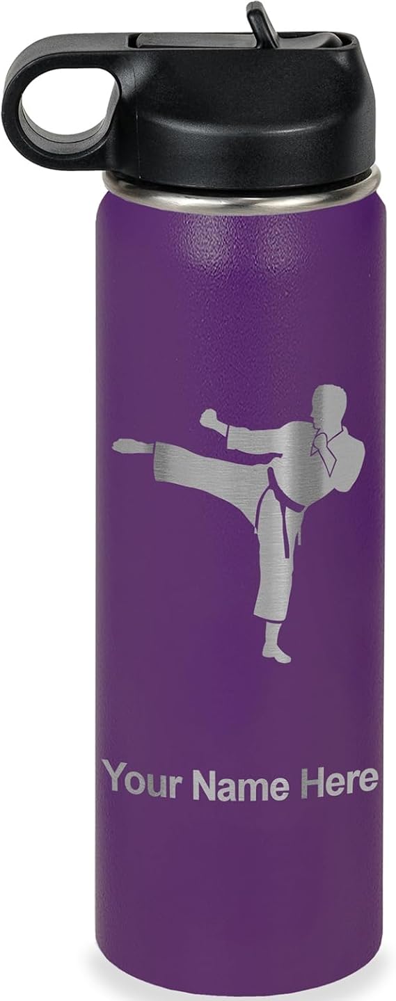 LaserGram Personalized 20oz Water Bottle, Karate Man (Dark Purple)