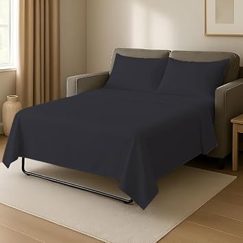 4 Piece Sleeper Sofa Luxury Bed Sheet Set 100% Egyptian Cotton 800 Thread Count Full Size (54" x 72") Inch Fits Mattresses Up to 5" Drop - Black Solid