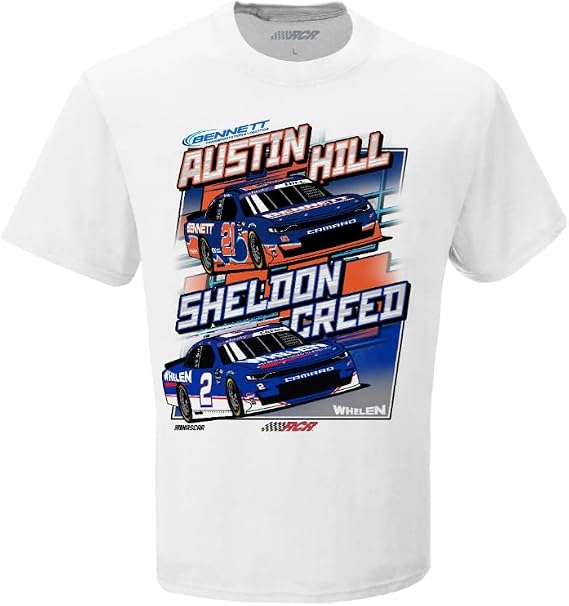 Austin Hill Sheldon Creed NASCAR 2023 Darlington Bennett & Whelen RCR Throwback White T-Shirt