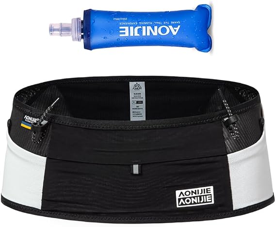 Bluefield Running Belt Lightweight Hydration Belt Fanny Pack with Water Bottle for Trailing Running Climbing Jogging (Black White with 250ML,X-Large)