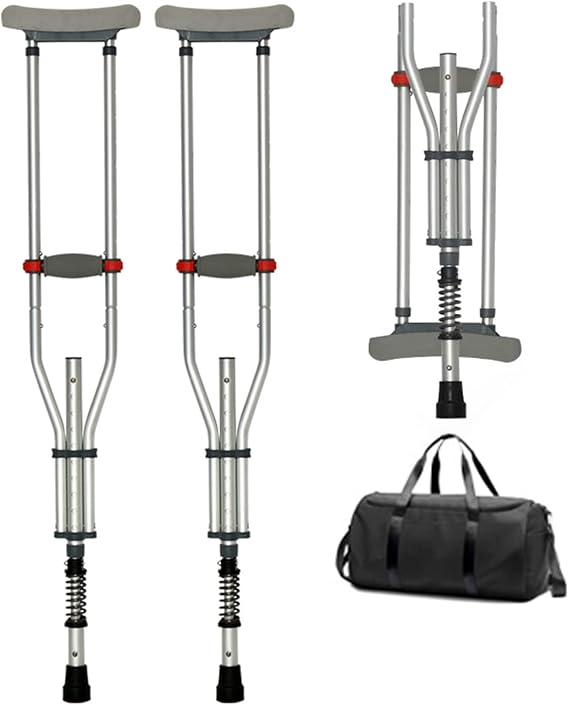 Folding Aluminum Underarm Crutches, Shock Absorption, Portable Push-Button Adjustable Height Crutches for Adults or Youth from 53" to 77", with Bag, Load-Bearing 440lbs