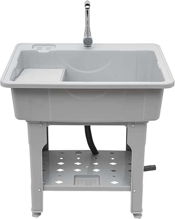 Utility Sink Laundry Tub with Washboard, Freestanding Plastic Laundry Sink with Hot & Cold Faucet Utility Sink with Large Storage Shelf for Indoor Outdoor Hoses and Drain Kit Grey