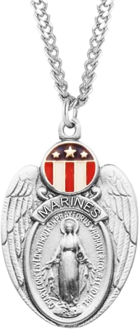 Sterling Silver Air Force Shield Miraculous Medal with Red, White & Blue Enamel, 24 Inch Lobster Claw Rhodium Plated Stainless Steel Chain Necklace, Made in USA - Deluxe Velvet Gift Box