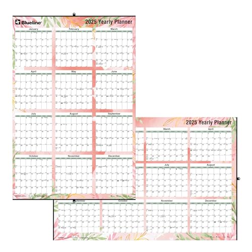 2025 Blueline Colorful Laminated, Reversible and Erasable Yearly Wall Planner, 24 x 36, Tropical, January to December