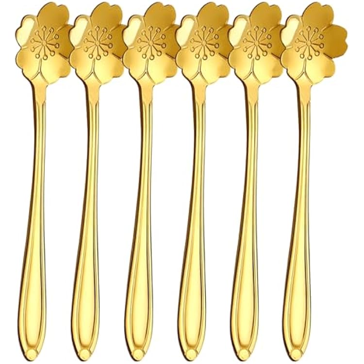 ICAHG Teaspoon Set,6 Piece 5 Spoons Gold, Premium Food Grade Stainless Steel Tea Spoons, Durable Small Spoon, Good Teaspoons, Kitchen Dessert Spoon Set, Mirror Finish & Dishwasher Safe
