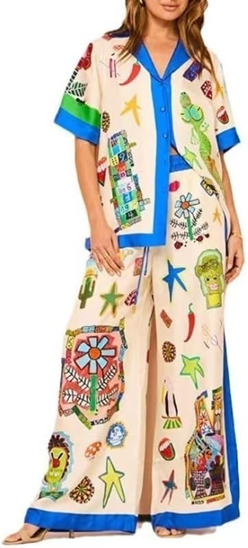 Women Graphic 2 Piece Pants Outfit,Short Sleeve V Neck Shirt Wide Leg Pants Summer Vacation Beachwear