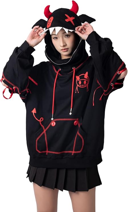 Cosfun Women's Devil Wings Hoodie Devil Horns Hoodie Pullover Sweatshirt IF0003