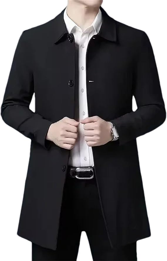 Men'S Business Casual Trench Coat Lapel Solid Color Single Breasted Mid-Length Jacket
