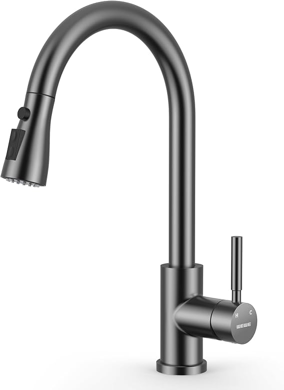 WEWE Pull-Down Kitchen Faucet, 3-Mode Sprayer, Matte Gray, Stainless Steel