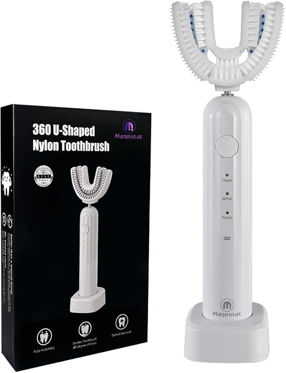 Ultrasonic U Shaped Toothbrush for Adults, Electric Toothbrush for 360-degree Cleaning with Wireless Charging, Waterproof IPX7, 3 Modes for Teeth WhiteningWhite