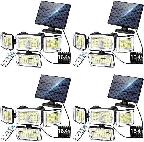 CLAONER Solar Outdoor Lights Motion Sensor 3500LM 288 LED Solar Security Lights with Remote Control IP67 Waterproof 4 Heads Flood Lights with 16.4ft Cable 4 Modes Wall Lights4 Pack