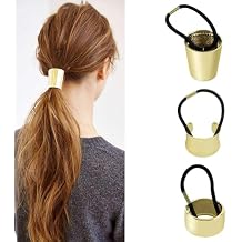 AUEAR, Brushed Metal Expandable Hair Cuff Ponytail Holder Elastic Tie for Women Girls Thick Rings Set (3 Pcs, Style 3)
