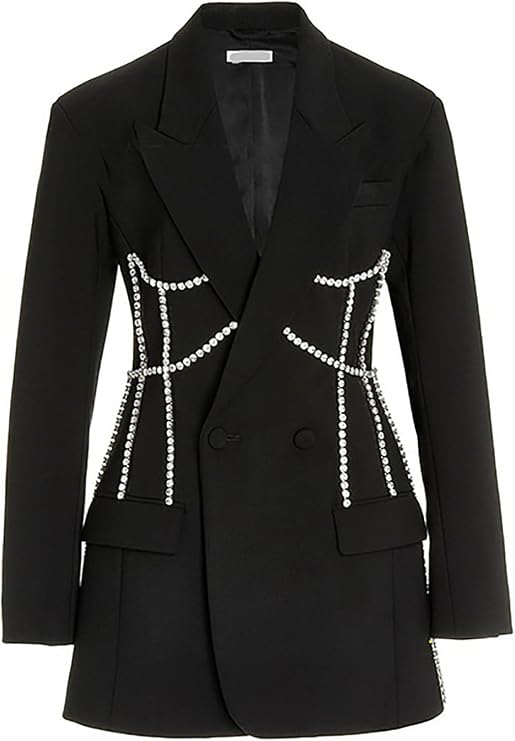 Fashion Women's Rhinestones Beading Dressy Blazer Elegant Notched Long Sleeves Slim Suit Jackets Female Formal Prom