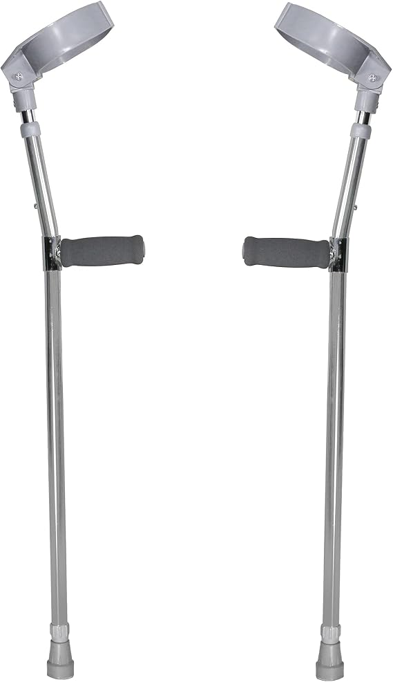 PCP Forearm Crutches, Lightweight Aluminum, Push Button Adjustable Height and Forearm Cuff, Comfort Grip, Chrome, Adult Size, 1 Pair