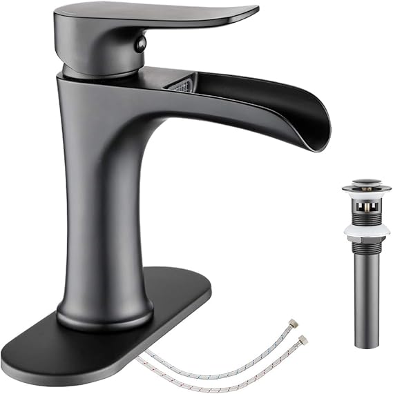 YUNDOOM Bathroom Sink Faucet Waterfall Faucet with Sink Drain Single-Handle Basin Faucet Waterfall Spout Solid Brass Sink Faucet Basin Mixer Tap Matte Black