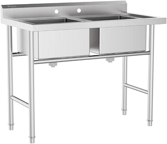 Bonnlo Commercial 304 Stainless Steel Sink 2 Compartment Free Standing Utility Sink for Garage, Restaurant, Kitchen, Laundry Room, Outdoor, 35.8" W x 21.3" D x 40" H