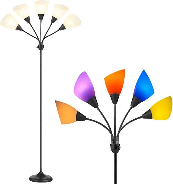 Medusa Floor Lamp, Multi Head 5 Light Floor Lamp for Bedroom with 10 Lampshade, Adjustable Neck Reading Standing Lamp for Living Room,Office,Kids,Classroom (Black)