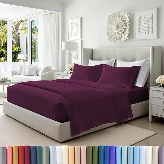 Pizuna 100% Cotton Sheets Set California King 400 Thread Count Berry Plum