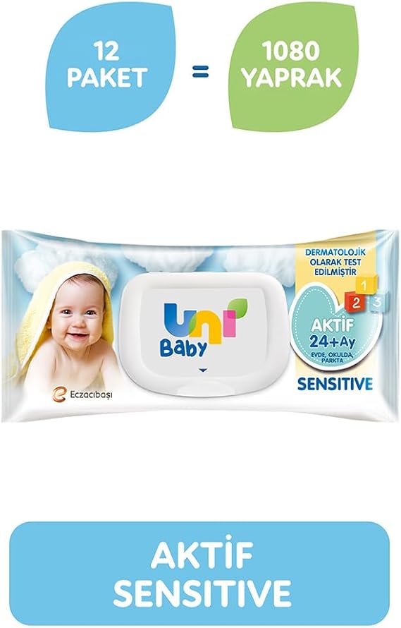 Uni Baby Aktif Sensitive Bebek Islak Mendil 24+ Ay 12x90 Adet