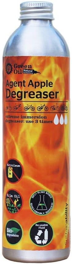 Green Oil Agent Apple Cycle Chain Degreaser, 300 ml, Reusable, Biodegradable, Plant Based Alcohol, Natural, Eco Friendly, Free of Palm Oil and Petroleum, Recyclable Bottle, Aerosol Free, Made In UK