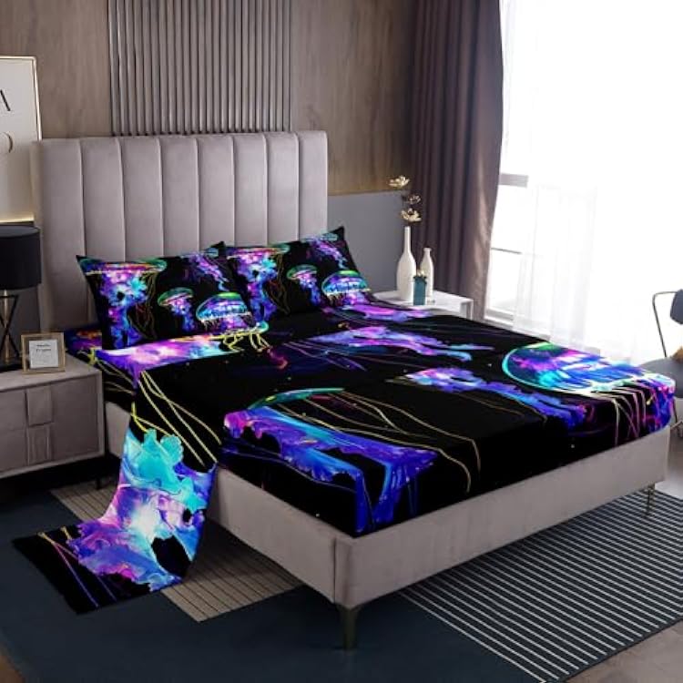 Erosebridal Watercolor Jellyfish Twin Sheets for Kids Boys Girls Neon Gradient Jellyfish Bed Set, Wild Animal Bed Sheets Set Ocean Wildlife Sheet Set, Marine Sea Themed Bedding Set